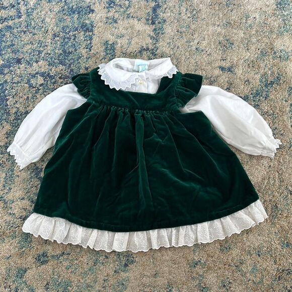 Vintage Her Majesty Elegant Green Velvet Kids Button Down Shirt Under Dress - Picture 1 of 8